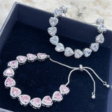Pink Heart Women Silver Bracelet Cut CZ Bridal Adjustable Party Jewelry