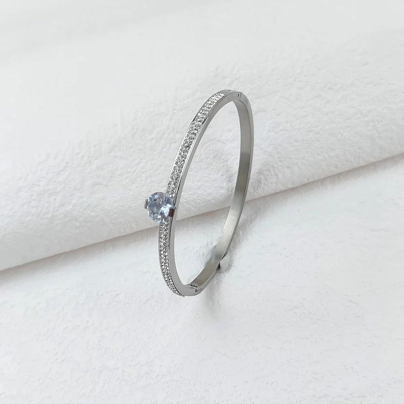 Zircon Drop Cuff Bracelet Stainless Steel Heart Gemstone Bangle