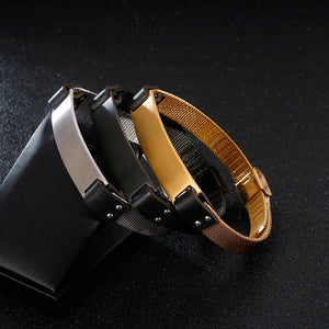 Wide Leather Men Bangle Stainless Steel Punk Men Watch Net Square Bracelets