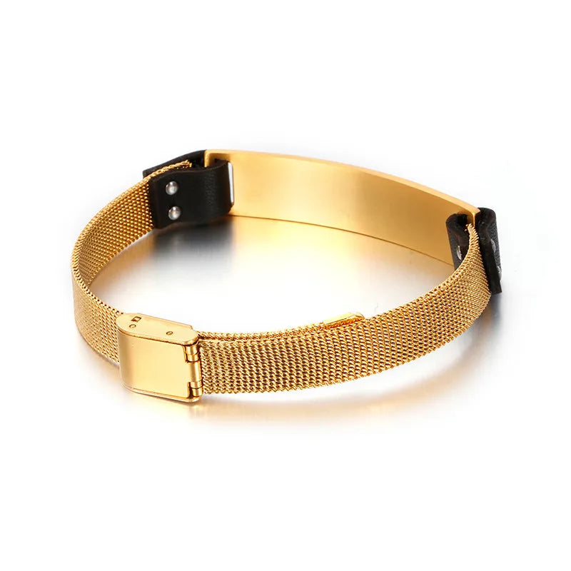 Wide Leather Men Bangle Stainless Steel Punk Men Watch Net Square Bracelets