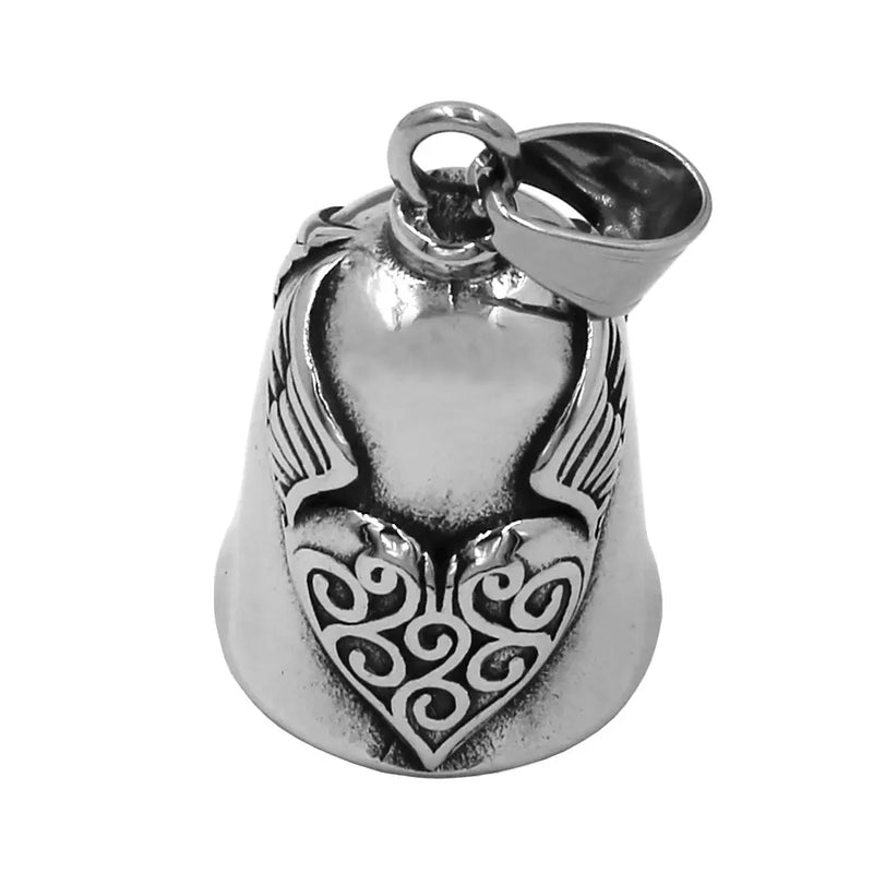 Wings Heart Bell Pendant Stainless Steel Jewelry Charm Biker Bell