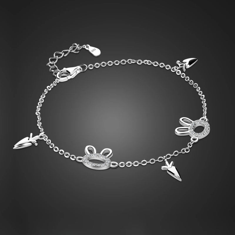 925 Sterling Silver Bunny Animals Bracelet Cuff Charm Jewelry