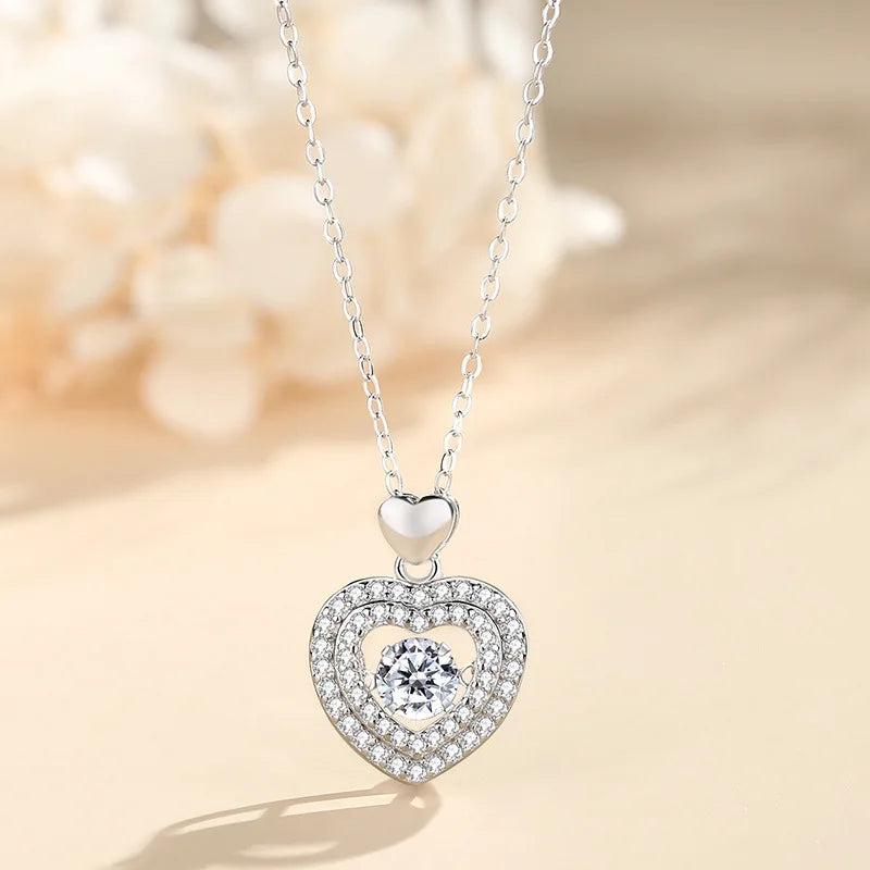 925 Sterling Silver Love Heart Zircon Chain Necklace Valentine Jewelry Gift