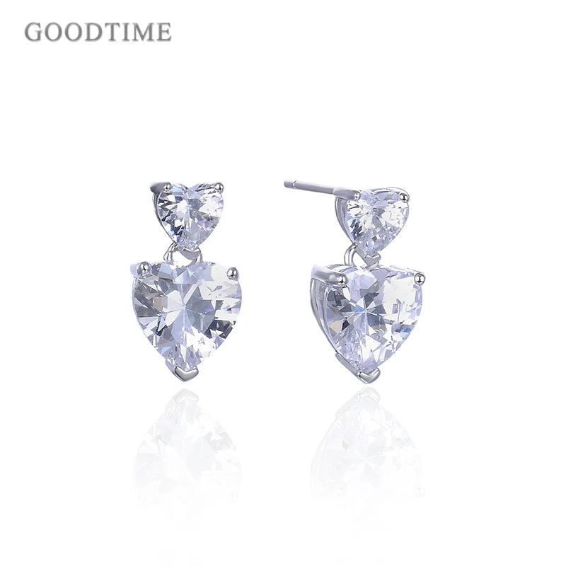 925 Silver Double Heart Zircon Earrings for Party