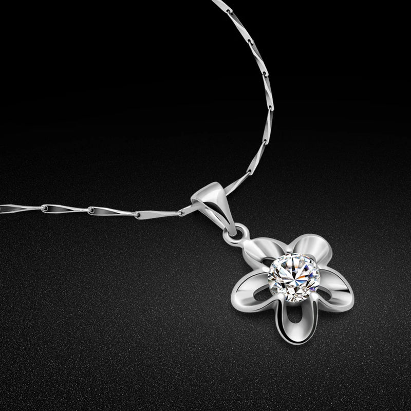 925 Silver Necklace Flower Pendant Zircon Charm Solid Chain Bone Jewelry