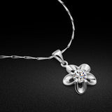 925 Silver Necklace Flower Pendant Zircon Charm Solid Chain Bone Jewelry