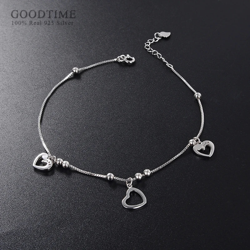 925 Sterling Silver Heart Beaded Anklet for Women