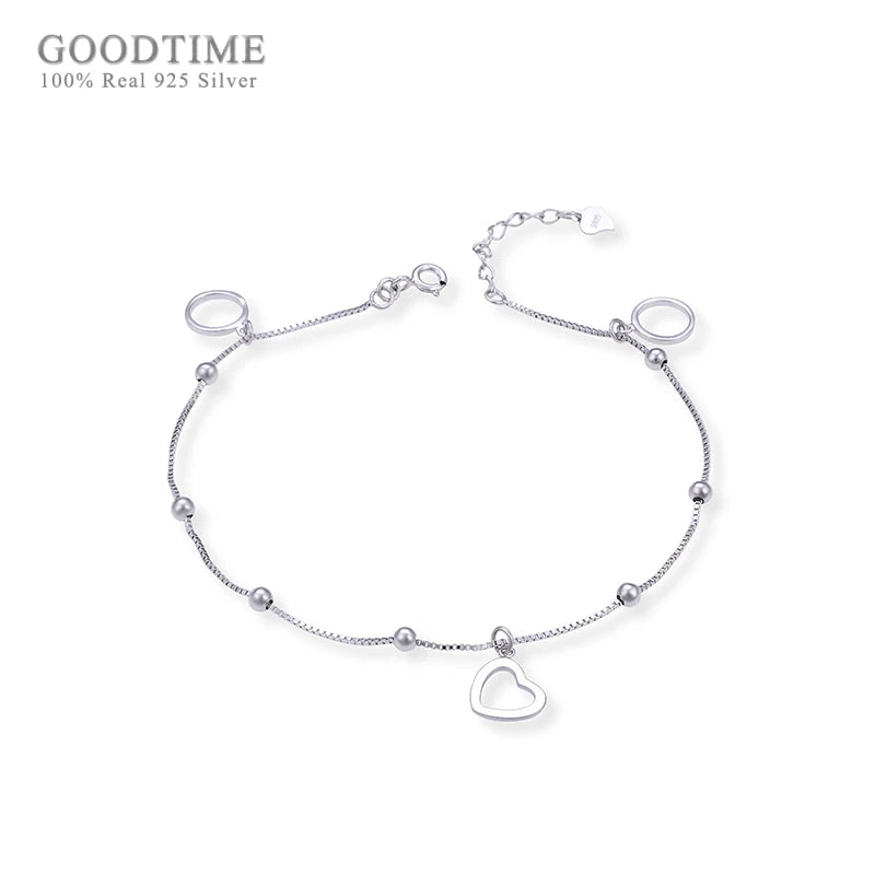 925 Sterling Silver Heart Bead Anklet for Lady Girl
