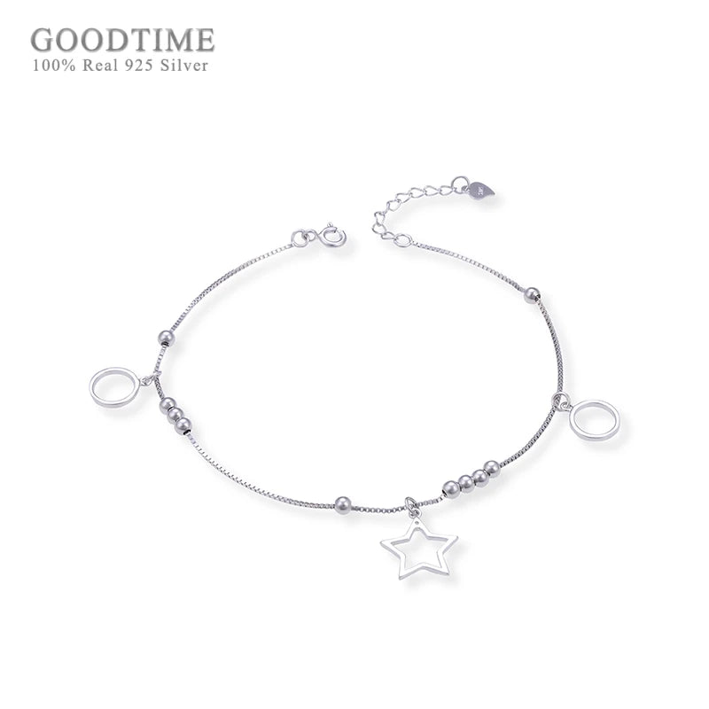 925 Sterling Silver Fresh Star Circle Beaded Anklet for Lady Girl Jewelry