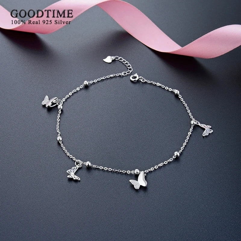 925 Sterling Silver Butterfly Hollow Zircon Anklet for Women