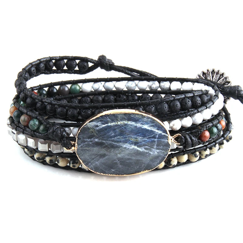 Gray Stones Crystal Beaded Charm Wrap Bracelets