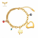 Women Bracelets Clover Love Heart Eye Stainless Steel Chain Lobster Clasp