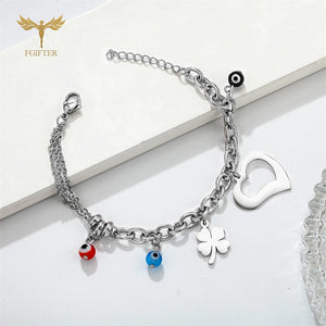 Women Bracelets Clover Love Heart Eye Stainless Steel Chain Lobster Clasp