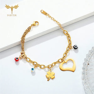 Women Bracelets Clover Love Heart Eye Stainless Steel Chain Lobster Clasp