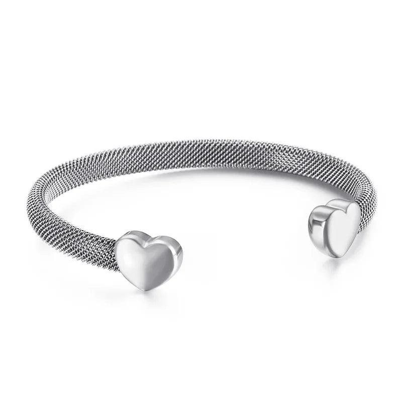 Titanium Steel Double Hearts Clasp Open Cuff Bangle Bracelet