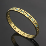 Women Rose Titanium Steel Crystal Roman Numbers Cuff Bracelet Jewelry