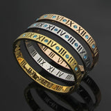 Women Rose Titanium Steel Crystal Roman Numbers Cuff Bracelet Jewelry