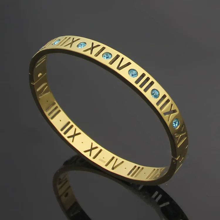 Women Rose Titanium Steel Crystal Roman Numbers Cuff Bracelet Jewelry