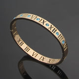 Women Rose Titanium Steel Crystal Roman Numbers Cuff Bracelet Jewelry