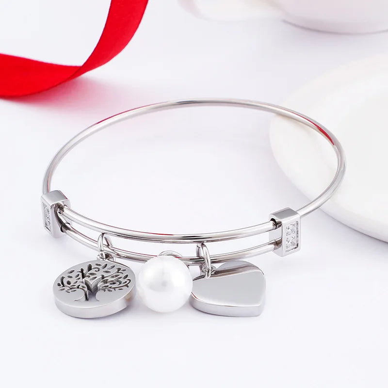 Women Stainless Steel Double Hearts Crystal Bangel Bracelet