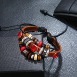 Vintage Multi-layer Leather Red Rhinestone Beads Charm Bangle Bracelet