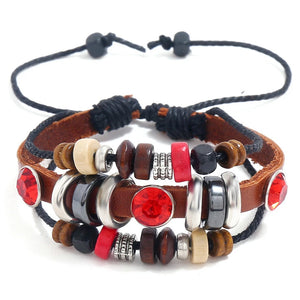 Vintage Multi-layer Leather Red Rhinestone Beads Charm Bangle Bracelet