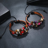 Vintage Multi-layer Leather Red Rhinestone Beads Charm Bangle Bracelet