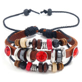 Vintage Multi-layer Leather Red Rhinestone Beads Charm Bangle Bracelet