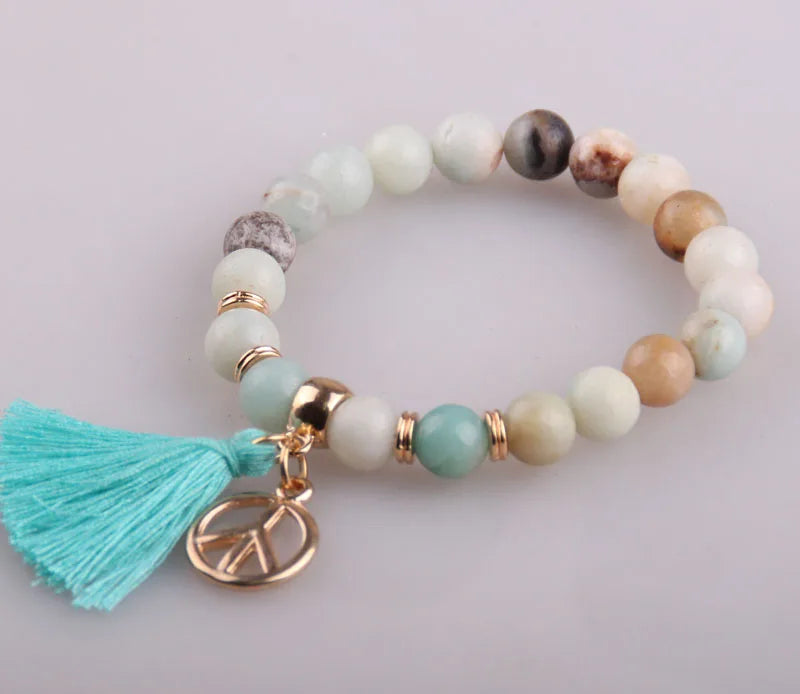Amazonite Stone Dress Armband with Tassel & Peace Charm