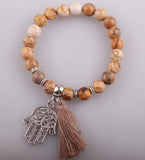 Women's Semi Precious Stone Bracelet with Tassel Fatima's Hand Charm