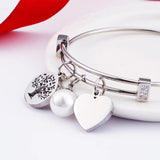Women Stainless Steel Double Hearts Pearl Crystal Cable Cuff Bracelets