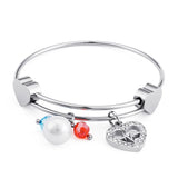 Women Stainless Steel Double Hearts Pearl Crystal Cable Cuff Bracelets