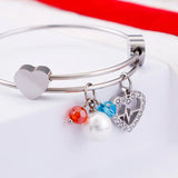 Women Stainless Steel Double Hearts Pearl Crystal Cable Cuff Bracelets