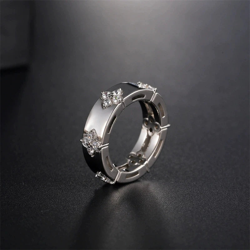 Crystal Flower Clover Charm Ring for Office Lady Party Jewelry Gift