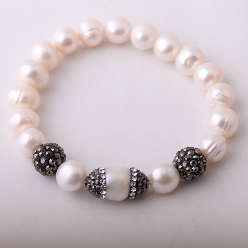 Handmade Freshwater Pearl Strand Bracelet with Pave Pearls