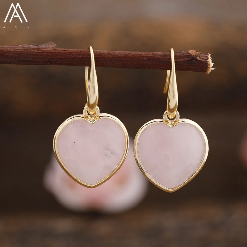 Women Heart Stone Earring Jewelry Roses Quartz Amazonite Agates Beads Dangle