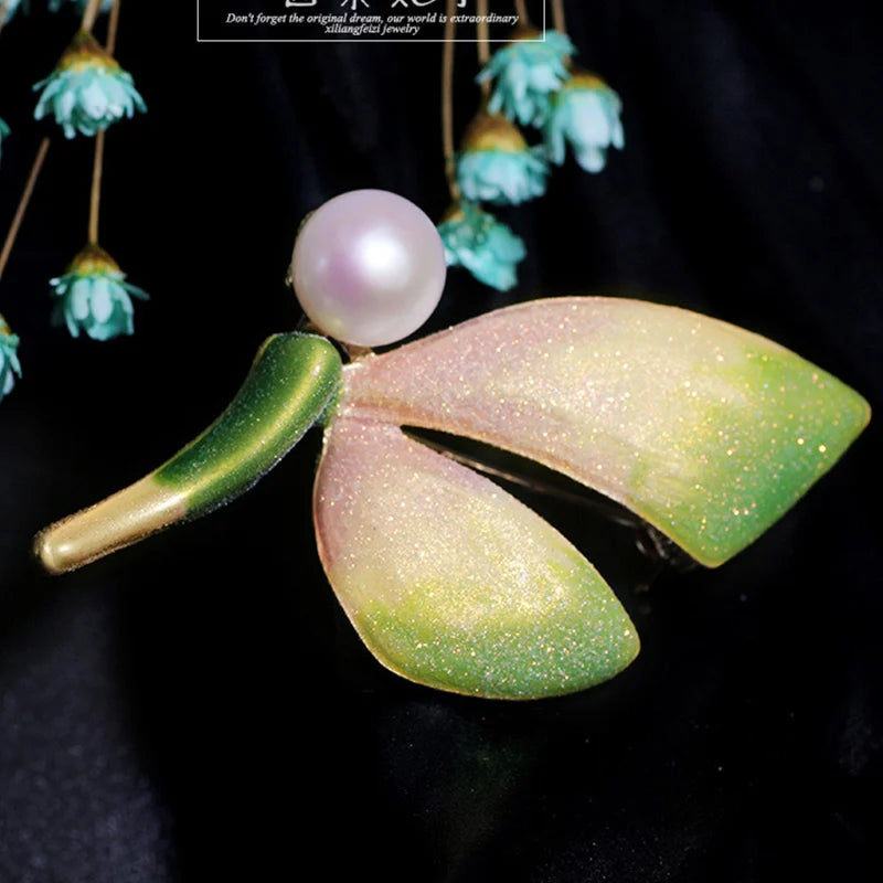 Enamel Dragonfly Butterfly Pearl Brooch Pin Jewelry