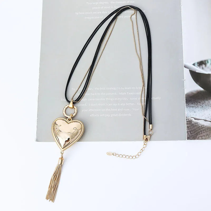 Heart Pendant Tassel Necklace Long Chain For Winter