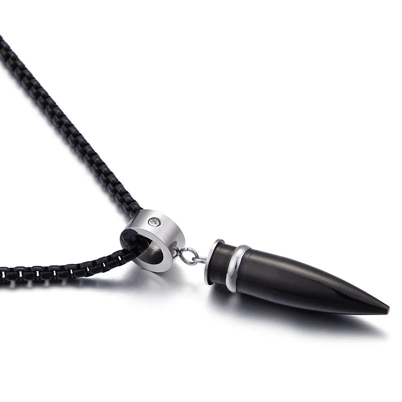 Vintage Titanium Steel Crystal Bullet Pendant Necklace