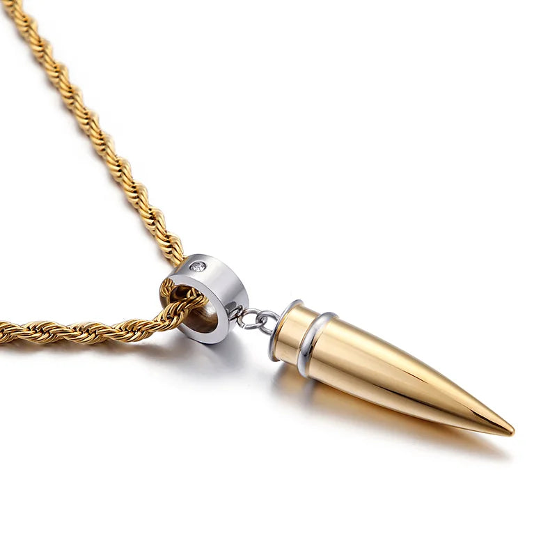 Vintage Titanium Steel Crystal Bullet Pendant Necklace