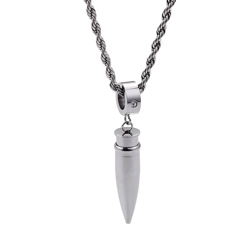 Vintage Titanium Steel Crystal Bullet Pendant Necklace