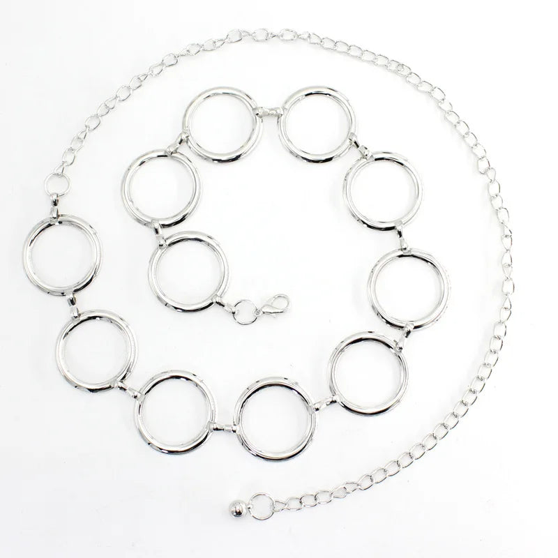 Women Metal Chain Belt Large Metal Ring Waist Strap Dress Coat Skirt