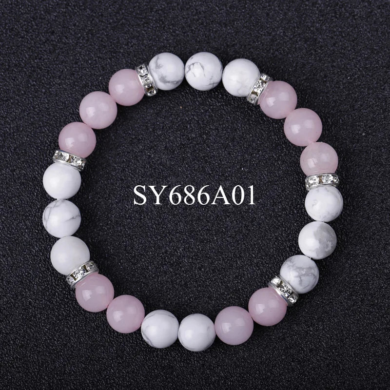 Quartz Stone Bracelet 8mm Round Howlite Turquoises Pink Crystal for Girls