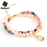Tourmaline Bracelet Double Layers Freshwater Pearls Beaded Flower Charm