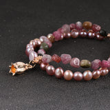 Tourmaline Bracelet Double Layers Freshwater Pearls Beaded Flower Charm