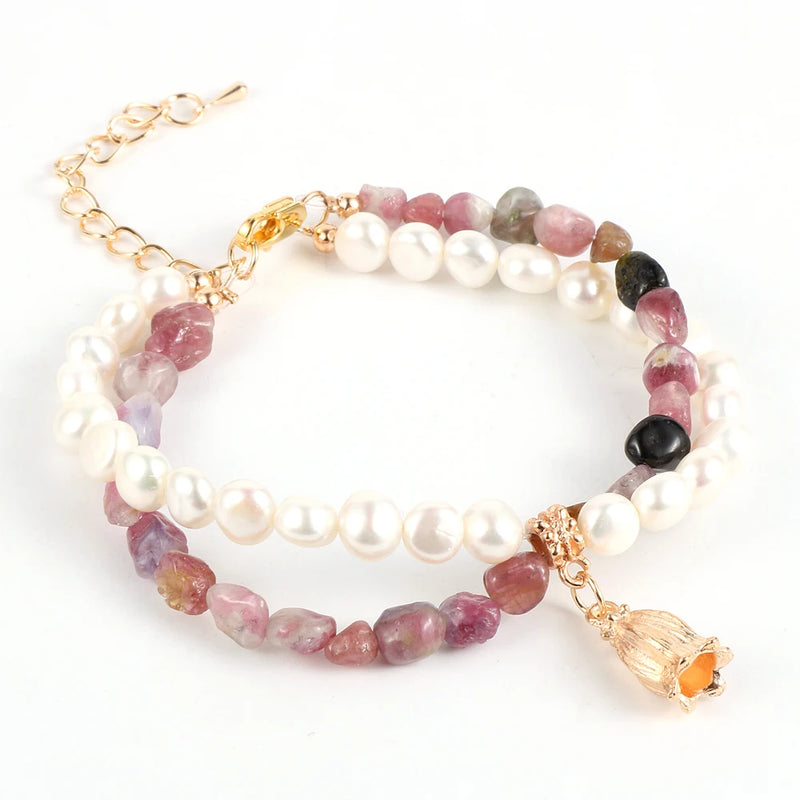Tourmaline Bracelet Double Layers Freshwater Pearls Beaded Flower Charm