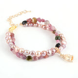 Tourmaline Bracelet Double Layers Freshwater Pearls Beaded Flower Charm