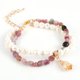 Tourmaline Bracelet Double Layers Freshwater Pearls Beaded Flower Charm