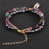 Tourmaline Bracelet Double Layers Freshwater Pearls Beaded Flower Charm