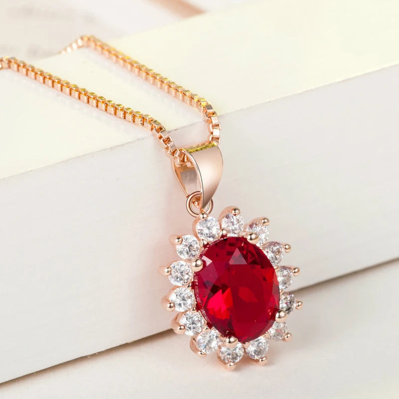 Oval Shape Ruby Zircon Gemstones Pendant 925 Silver Women Necklace